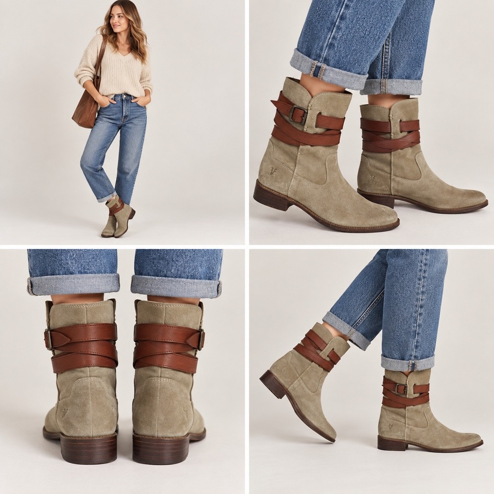 Frye Women 11 Shirley Strap Short Suede Boot Brown Leather Wrap Buckle Olive Tan